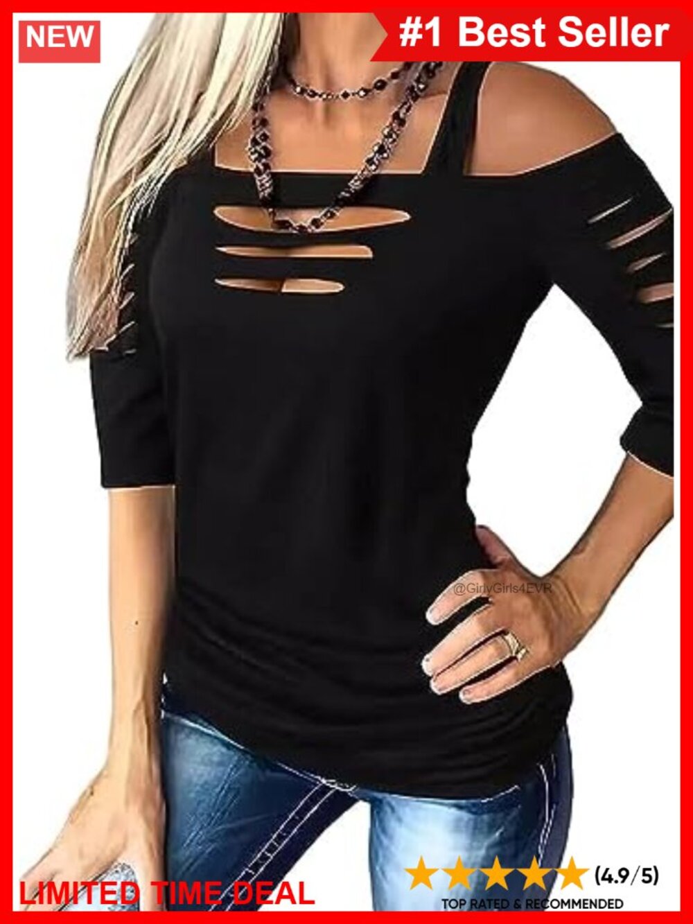 Cut Out Cold Shoulder Square Collar Cotton Blend 3/4 Sleeve Blouse